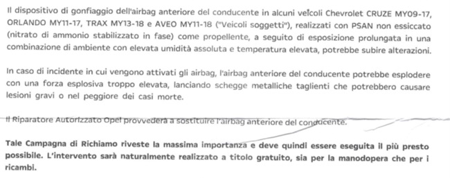 Lettera Chevrolet richiamo airbag pericoloso